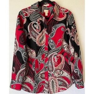 Chico's Blouse Women Size 0 Red Paisley Button Up 100% Cotton Long Sleeve Casual